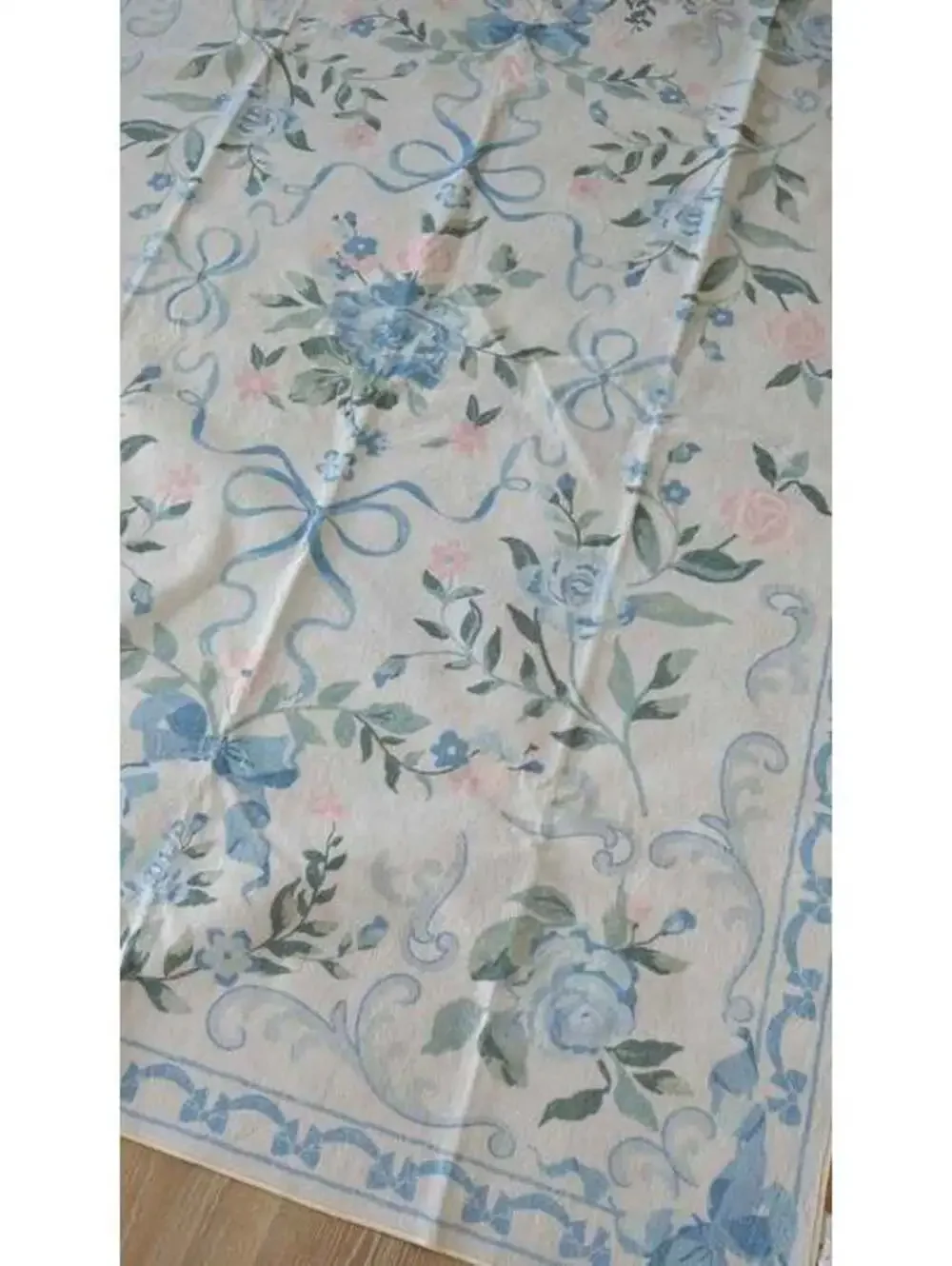 Blue pink roses Floral Rug 5x7 for Girls Bedroom or Nursery, Cute Bow Washable
